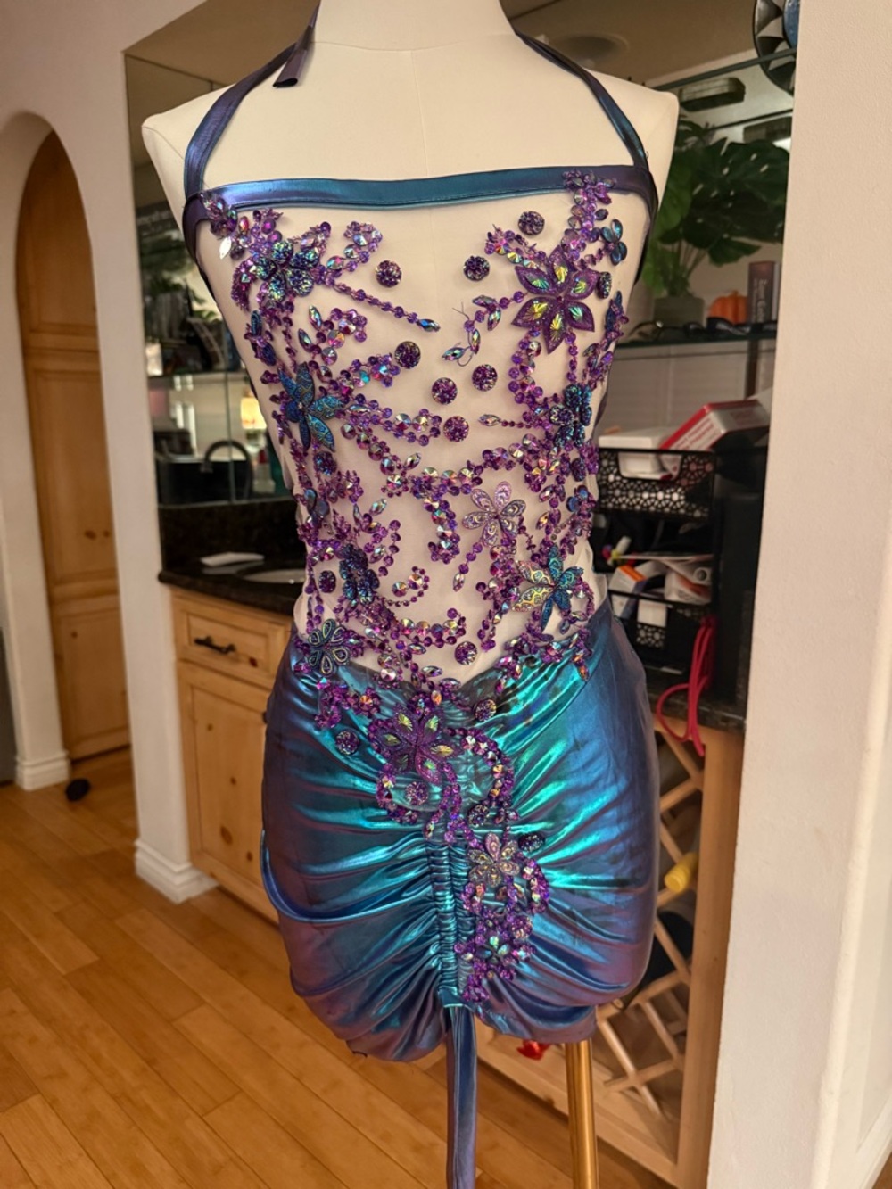 Iridescent Teal Evening Beaded Mermaid  Dress